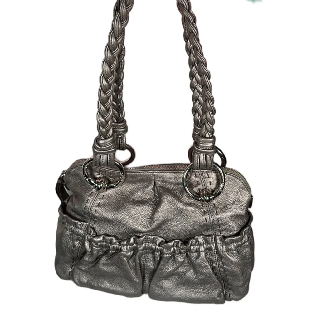 B. MAKOWSKI Pebbled Leather Hobo Bag A211928 Grey Pockets Braided Straps Classic